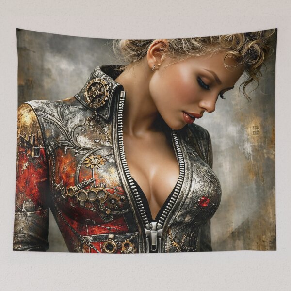 Item preview, Steampunk Woman in Mechanical Jacket – Industrial Fantasy Fashion Art Print designed and sold by Kaleidoscope Print.