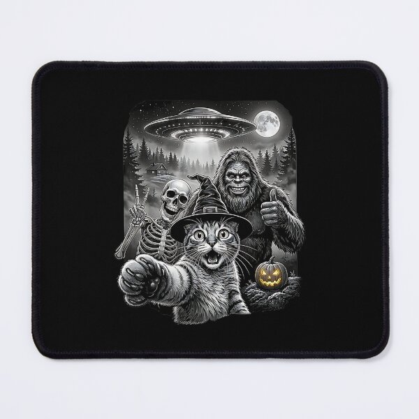 Item preview, Cat Selfie with Bigfoot Skeleton Alien UFO Funny Halloween designed and sold by Rahamkshop.