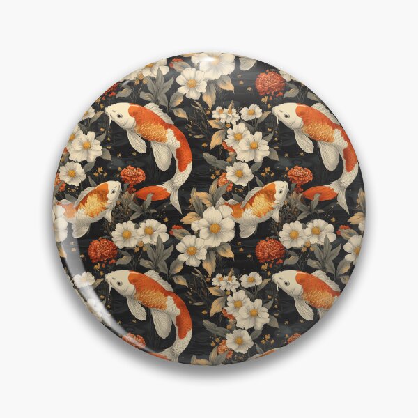 Item preview,   Japanese koi carp fishes floating amongst red and white flowers on dark background designed and sold by GennyBunny.