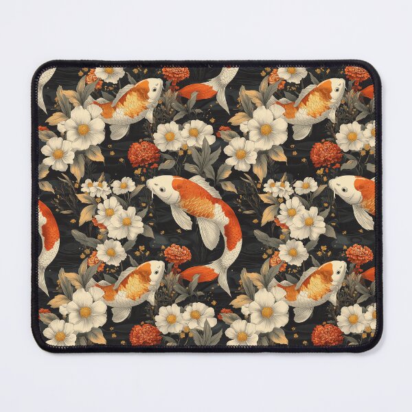 Item preview, Japanese koi carp fishes floating amongst red and white flowers on dark background designed and sold by GennyBunny.