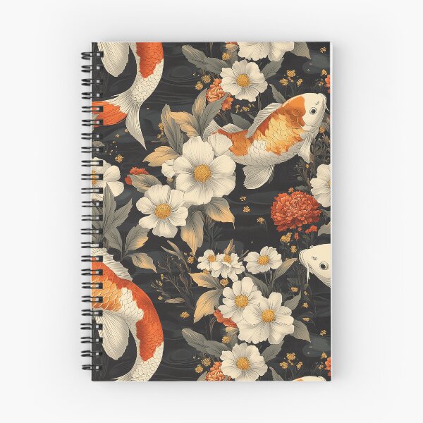 Item preview,   Japanese koi carp fishes floating amongst red and white flowers on dark background designed and sold by GennyBunny.