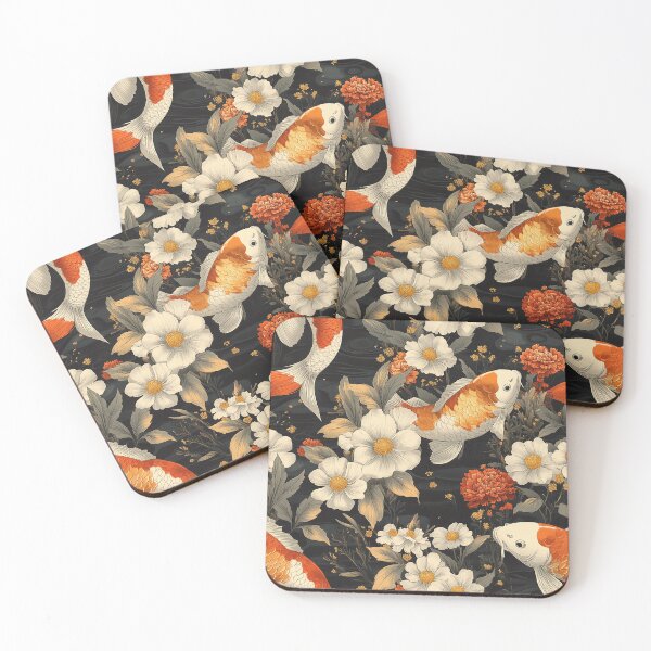 Item preview,   Japanese koi carp fishes floating amongst red and white flowers on dark background designed and sold by GennyBunny.