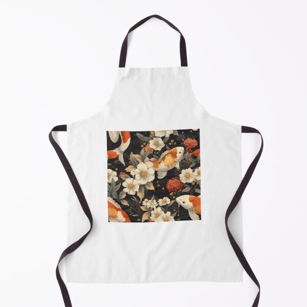 Item preview, Japanese koi carp fishes floating amongst red and white flowers on dark background designed and sold by GennyBunny.