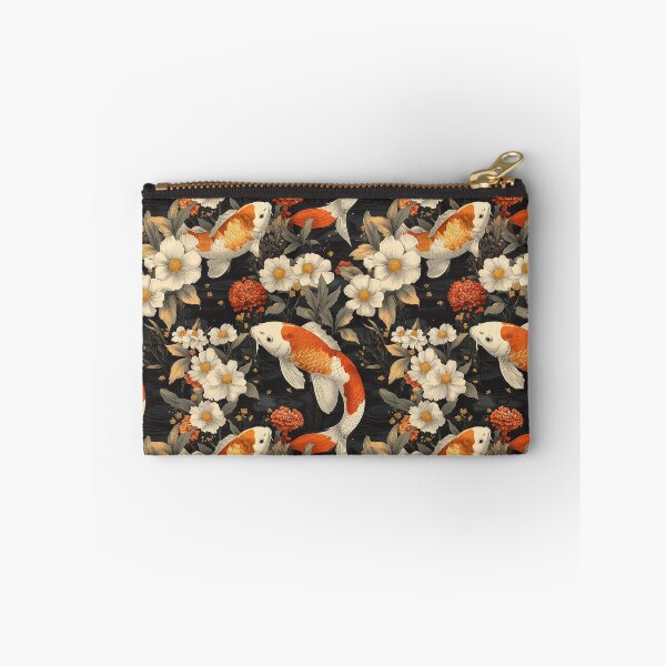 Item preview,   Japanese koi carp fishes floating amongst red and white flowers on dark background designed and sold by GennyBunny.