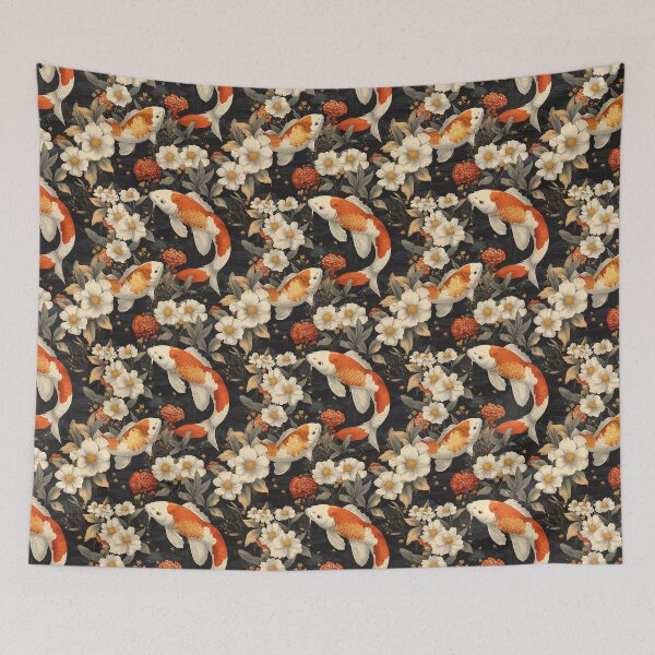 Item preview,   Japanese koi carp fishes floating amongst red and white flowers on dark background designed and sold by GennyBunny.