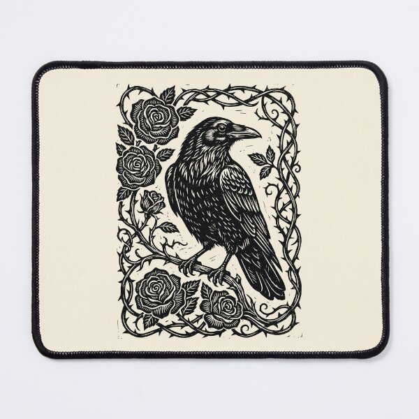 Item preview, Linocut Raven & Roses Dark Academia Gothic Nature designed and sold by Y-Vibes.