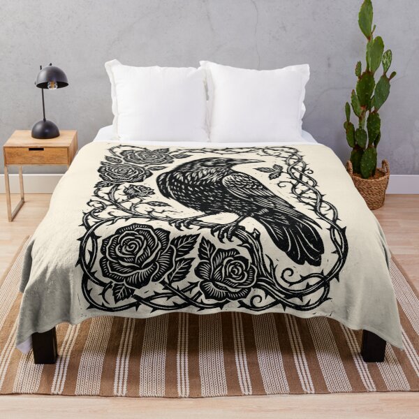 Item preview, Linocut Raven & Roses Dark Academia Gothic Nature designed and sold by Y-Vibes.
