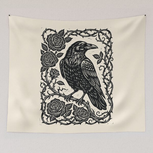 Item preview, Linocut Raven & Roses Dark Academia Gothic Nature  designed and sold by Y-Vibes.