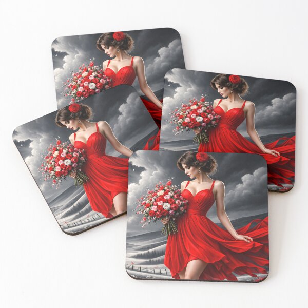 Item preview, Woman in Red Dress with Roses – Dramatic Romantic Fashion Art Print designed and sold by Kaleidoscope Print.