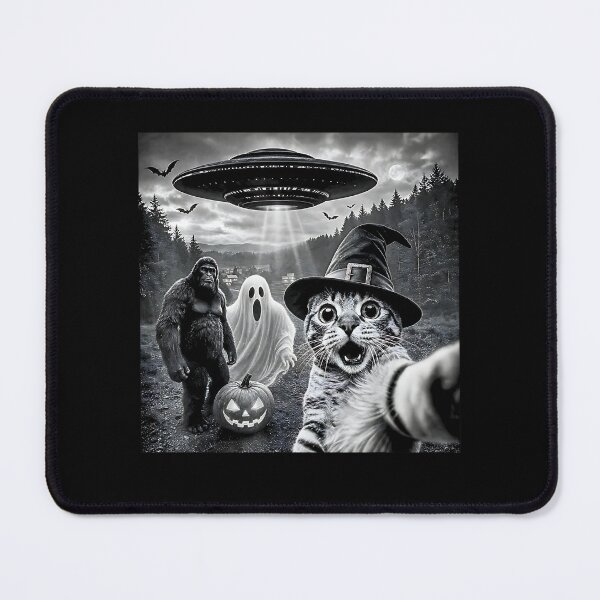 Item preview, Cat Selfie with Bigfoot Skeleton Alien UFO Funny Halloween designed and sold by Rahamkshop.