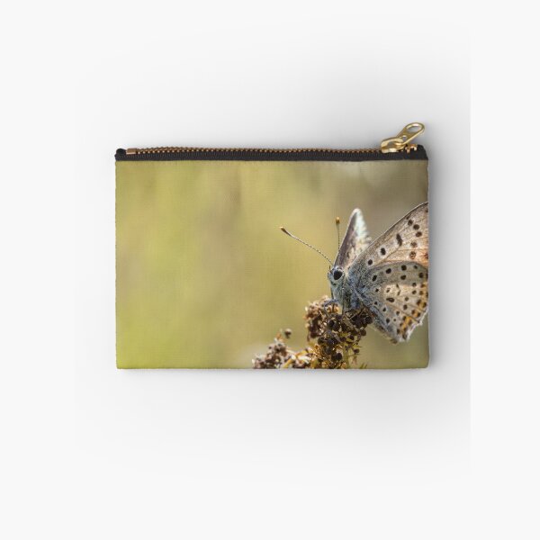 Item preview, A spotted butterfly sits on a dried plant stalk against a blurred green meadow background. designed and sold by 3 Hours of Silence.