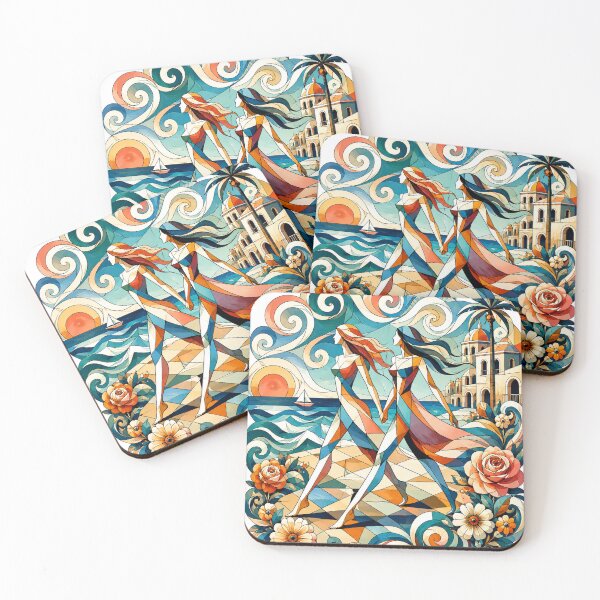 Item preview, Mediterranean Walk – Geometric Women by the Sea with Colorful Waves designed and sold by ChicClicker.