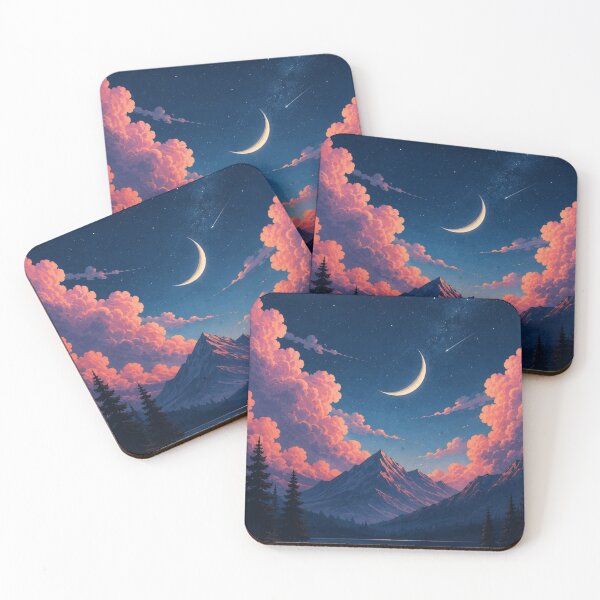 Item preview, Crescent Moon Mountain Night Sky Pink Clouds Shooting Star designed and sold by LYAN-STORE.