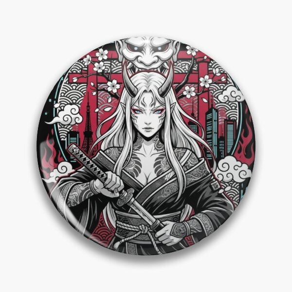 Aperçu de l'œuvre Oni Kunoichi Samurai Girl – Katana démon japonais inspiré de la skyline de Tokyo créée et vendue par Oni-Pixels.