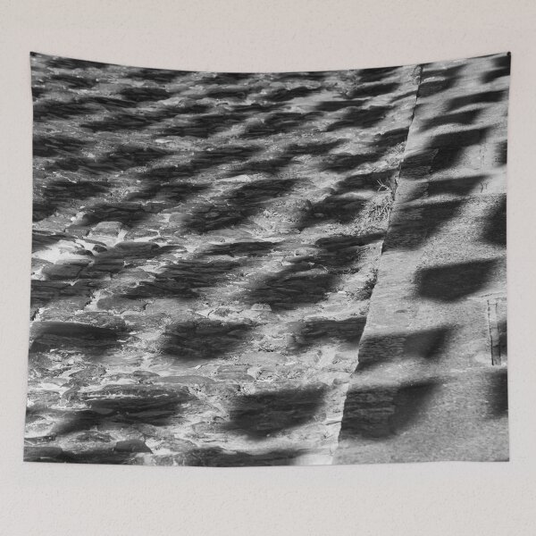 Item preview, B&W Cobblestone Street with Festival Flag Shadows designed and sold by ThaCriações.