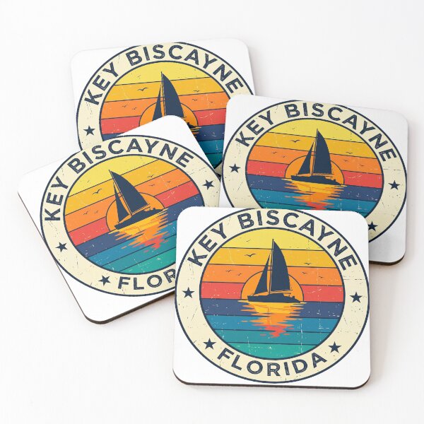 Item preview, Key Biscayne Florida Retro Sailboat Striped Sunset Coastal Badge designed and sold by CityMerch4.
