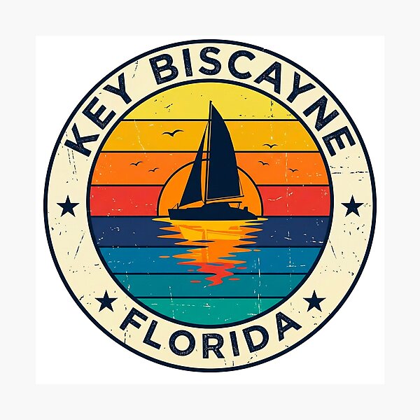 Item preview, Key Biscayne Florida Retro Sailboat Striped Sunset Coastal Badge designed and sold by CityMerch4.