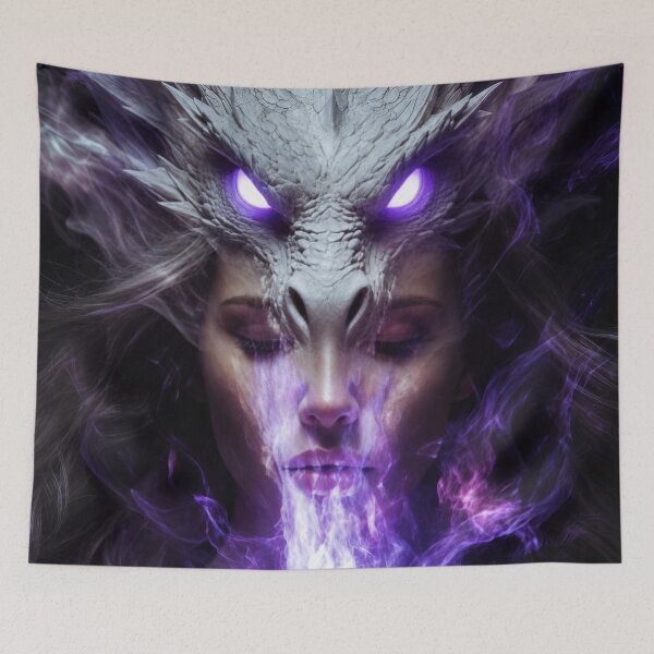 Item preview, Dragon Woman Purple Magic Wall Art – Mystical Fantasy Sorceress with Glowing Dragon and Arcane Energy designed and sold by DrakariArt.