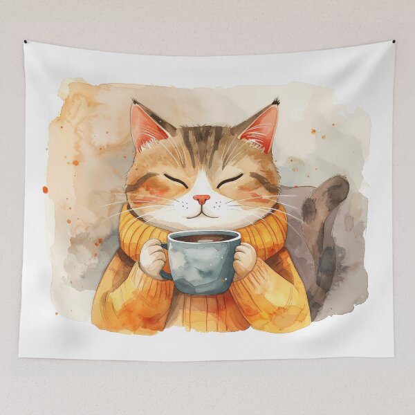 Item preview, Cat Holding Warm Coffee Mug Watercolor designed and sold by BetweenForms.