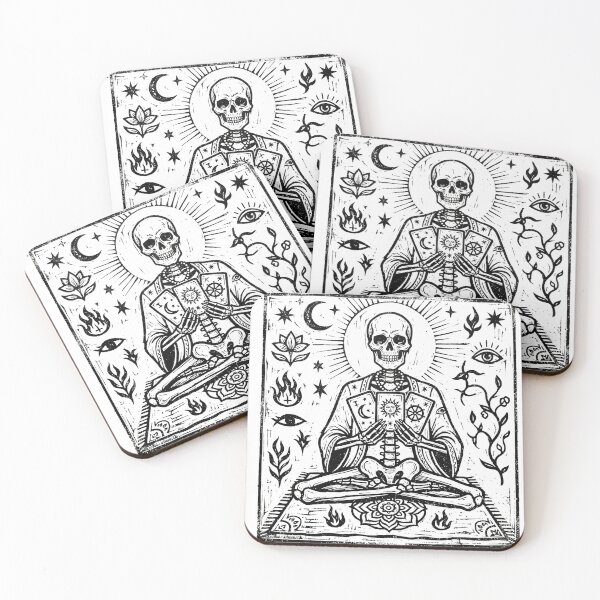 Item preview, Meditating Skeleton Fortune Teller Reading Tarot Cards Linocut Block designed and sold by MisteryDesigner.
