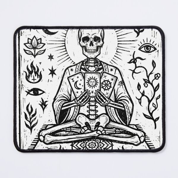 Item preview, Meditating Skeleton Fortune Teller Reading Tarot Cards Linocut Block designed and sold by MisteryDesigner.
