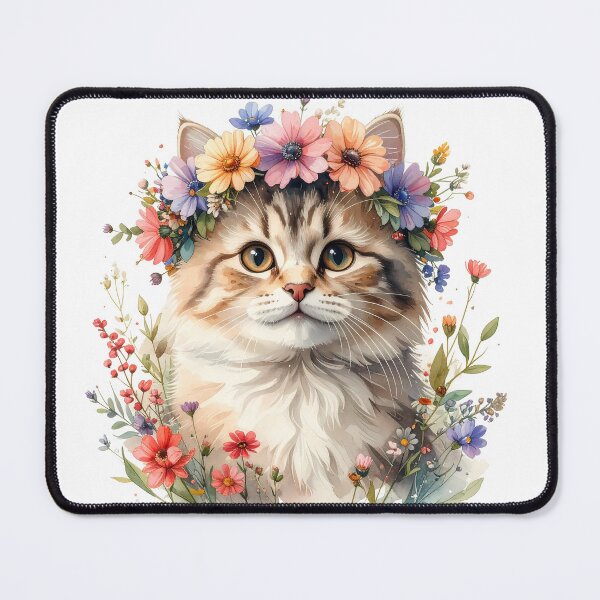 Item preview, Fluffy Cat Wearing Flower Crown Watercolor Portrait designed and sold by BetweenForms.
