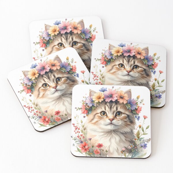 Item preview, Fluffy Cat Wearing Flower Crown Watercolor Portrait designed and sold by BetweenForms.