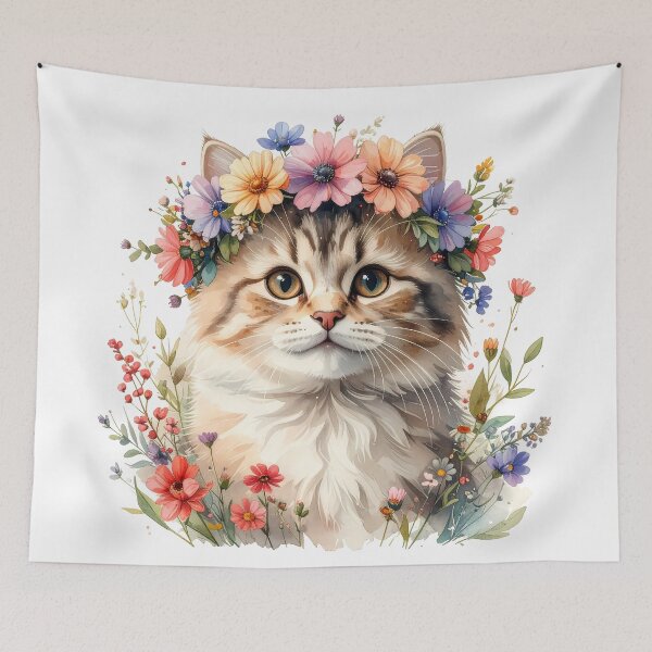 Item preview, Fluffy Cat Wearing Flower Crown Watercolor Portrait designed and sold by BetweenForms.