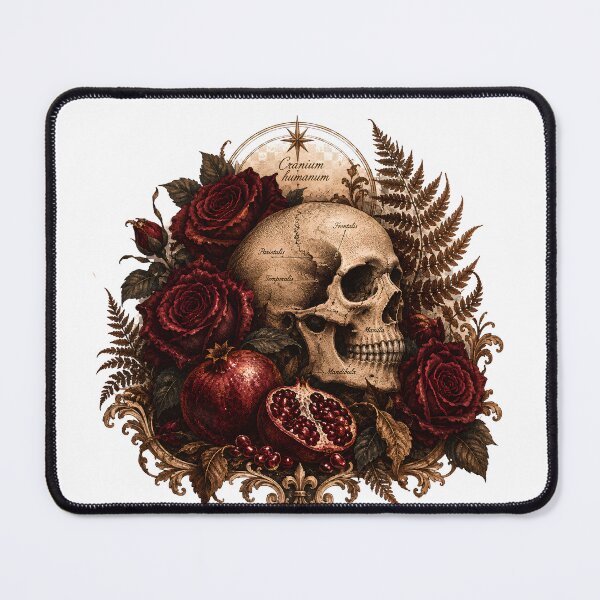 Item preview, Cranium Humanum Side Skull - Dark Academia Roses and Pomegranate Gothic designed and sold by Neurospicy Trolls.