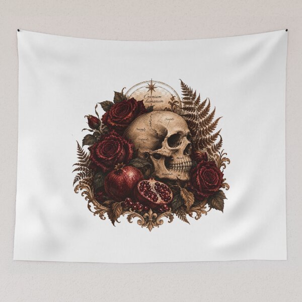 Item preview, Cranium Humanum Side Skull - Dark Academia Roses and Pomegranate Gothic designed and sold by Neurospicy Trolls.