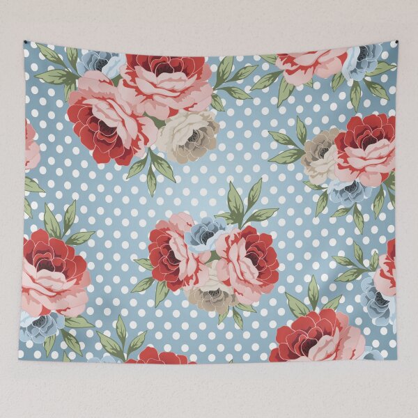 Item preview, Charming Vintage Floral Polka Dot Pattern with Blue Background and Vibrant Blooms designed and sold by Johnnies.