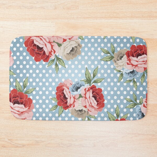 Item preview, Charming Vintage Floral Polka Dot Pattern with Blue Background and Vibrant Blooms designed and sold by Johnnies.