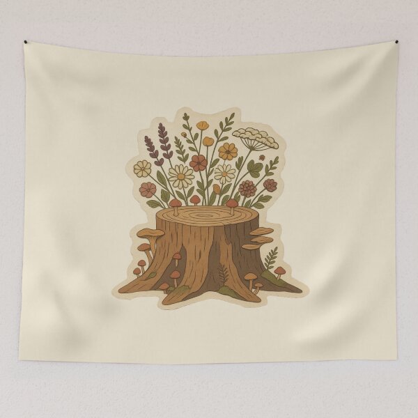 Item preview, Vintage Tree Stump With Wildflowers And Mushrooms designed and sold by ITCHAWAWAA.