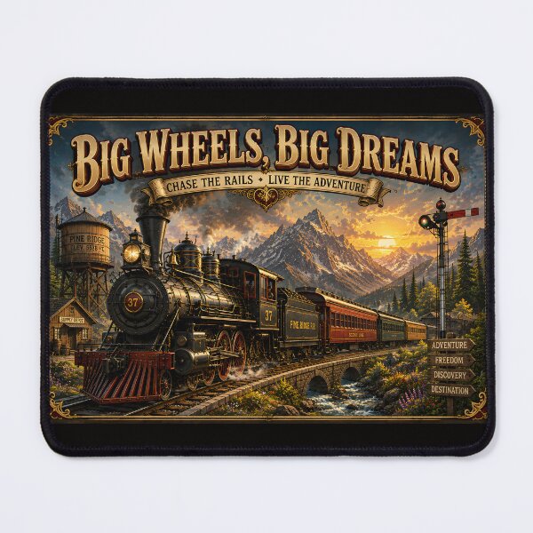 Item preview, Big Wheels, Big Dreams – Vintage Steam Train Railway Poster designed and sold by ASABCreative.
