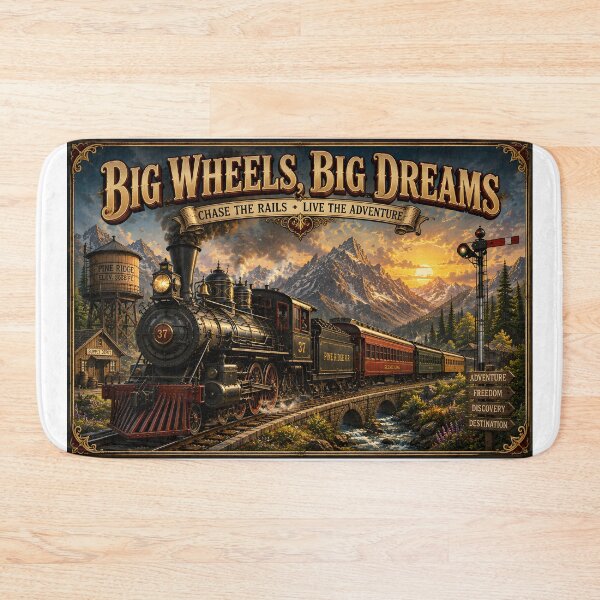 Item preview, Big Wheels, Big Dreams – Vintage Steam Train Railway Poster designed and sold by ASABCreative.