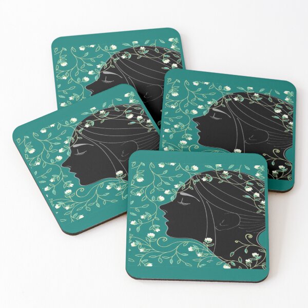 Item preview, Silhouetted Woman with Intricate Floral Vine Patterns on Teal Background" designed and sold by Johnnies.