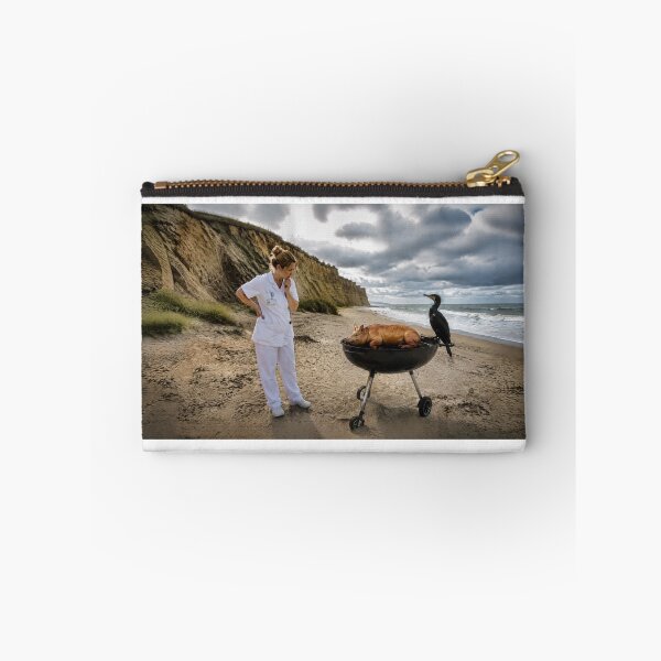 Item preview, A nurse in white observes a pig lying in a barbecue grill on a beach, while a cormorant sits beside  designed and sold by Per-Madsen.