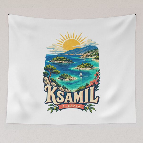 Item preview, Ksamil Albania Vintage Island Coast Travel Art designed and sold by AMICO77.
