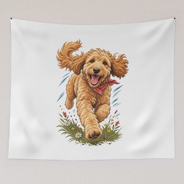 Item preview, Joyful Running Goldendoodle Meadow Art designed and sold by AMICO77.