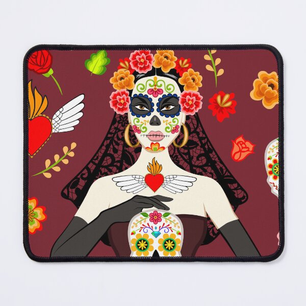 Item preview, Day of the Dead Woman with Sugar Skull Makeup and Flowers on Red designed and sold by Sveta Aho.