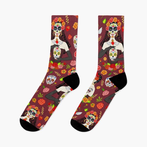 Item preview, Day of the Dead Woman with Sugar Skull Makeup and Flowers on Red designed and sold by Sveta Aho.