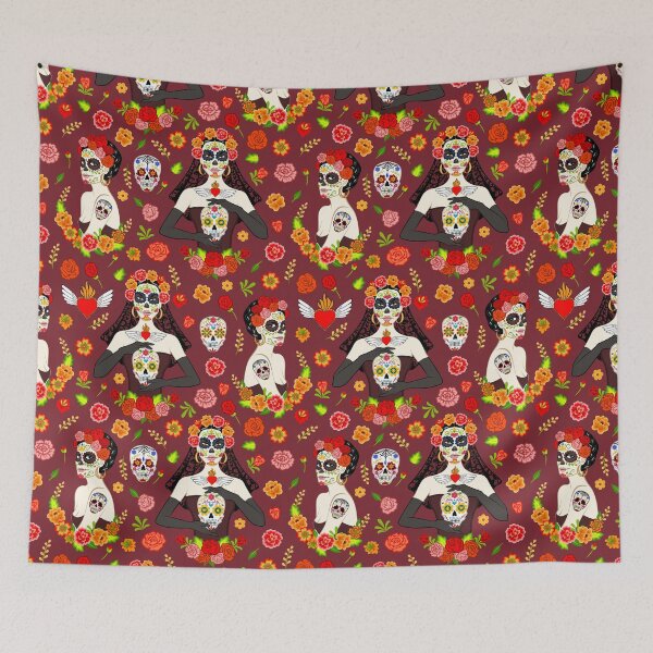 Item preview, Day of the Dead Woman with Sugar Skull Makeup and Flowers on Red designed and sold by Sveta Aho.