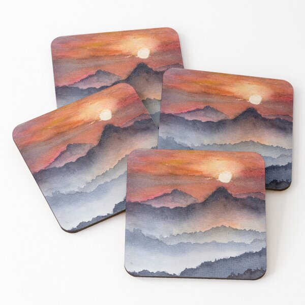 Item preview, Where the Sun Returns, Red Sunset Mountain Watercolour designed and sold by ArithraStudio.