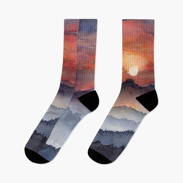 Item preview, Where the Sun Returns, Red Sunset Mountain Watercolour designed and sold by ArithraStudio.