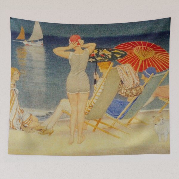 Item preview, Parasols Print, Joseph Edward Southall Vintage Arts and Crafts Beach Painting, 1920s Seaside Scene, Coastal Art Lovers designed and sold by RickE.