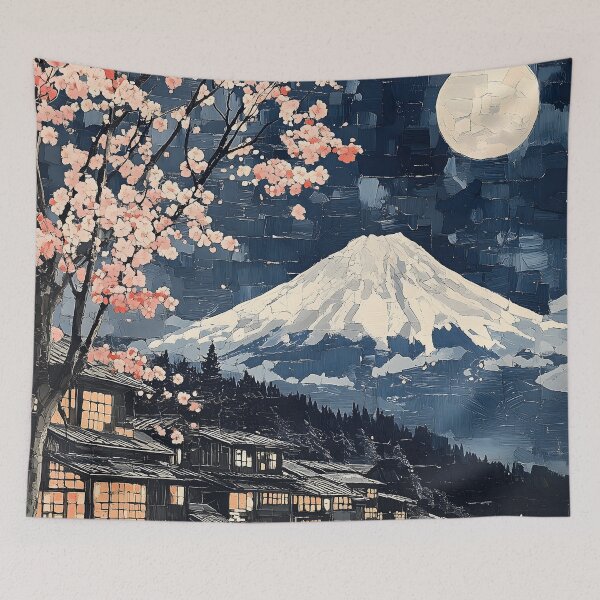 Item preview, Japanese Moonlit Village Mount Fuji Sakura Street Glow designed and sold by mildaclairmo.