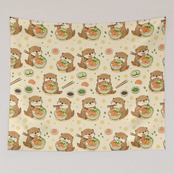 Item preview, Otter Salmon Rice Bowl Kawaii Food Pattern designed and sold by Soft Berry Studio.