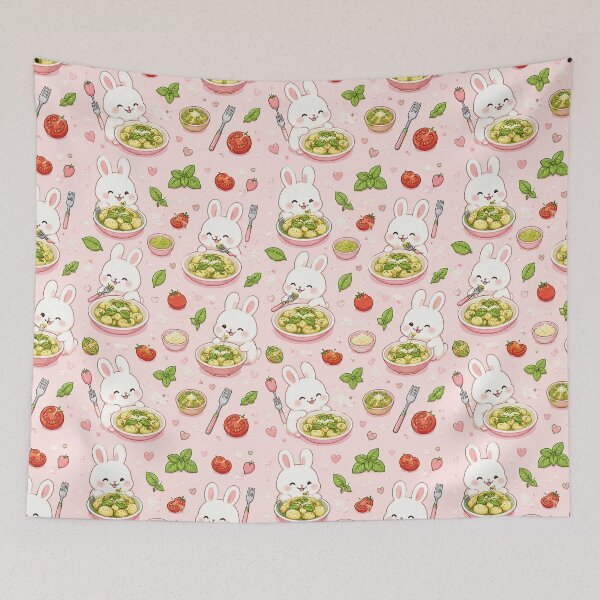 Item preview, Bunny Pesto Gnocchi Kawaii Food Pattern designed and sold by Soft Berry Studio.