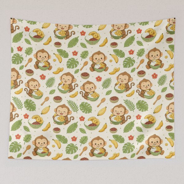 Item preview, Monkey Plantain Rice Kawaii Food Pattern designed and sold by Soft Berry Studio.
