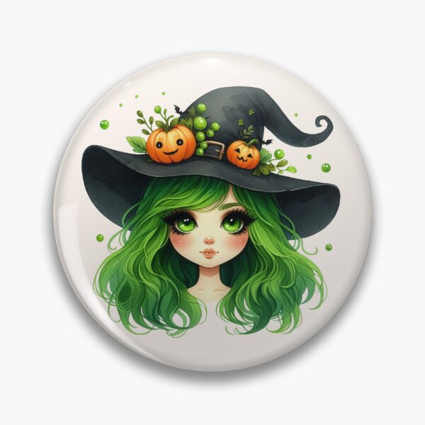 Item preview, Cute Halloween Witch Girl with Green Hair and Pumpkin Hat designed and sold by SweetLilith.